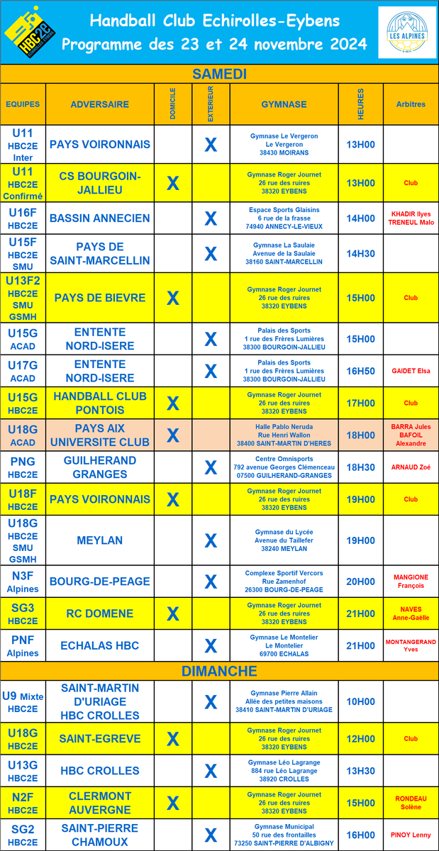 Planning des rencontres pour les 23 et 24 novembre