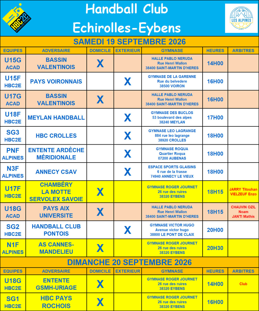 Planning des 19 et 20 Septembre 2026