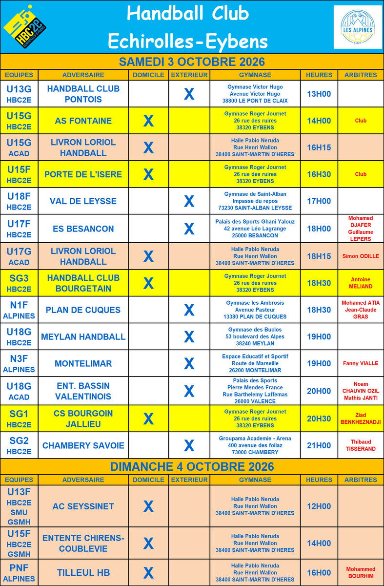 Planning des 3 et 4 octobre 2026
