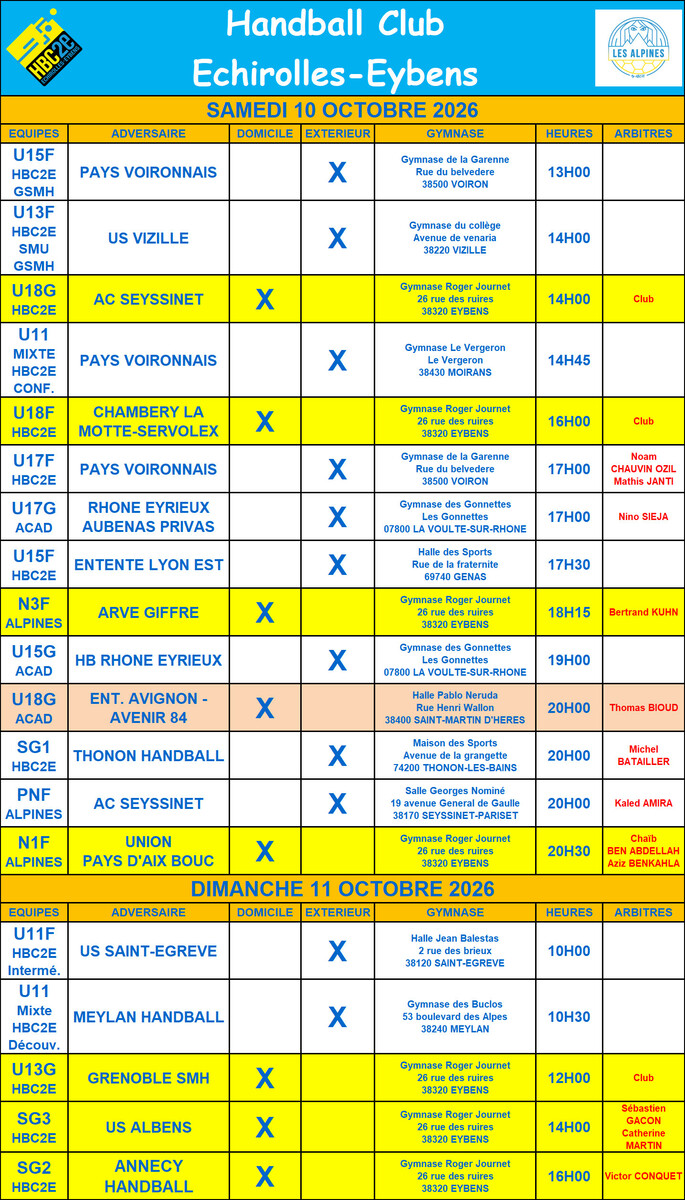 Planning des matches pour les 10 et 11 octobre 2026