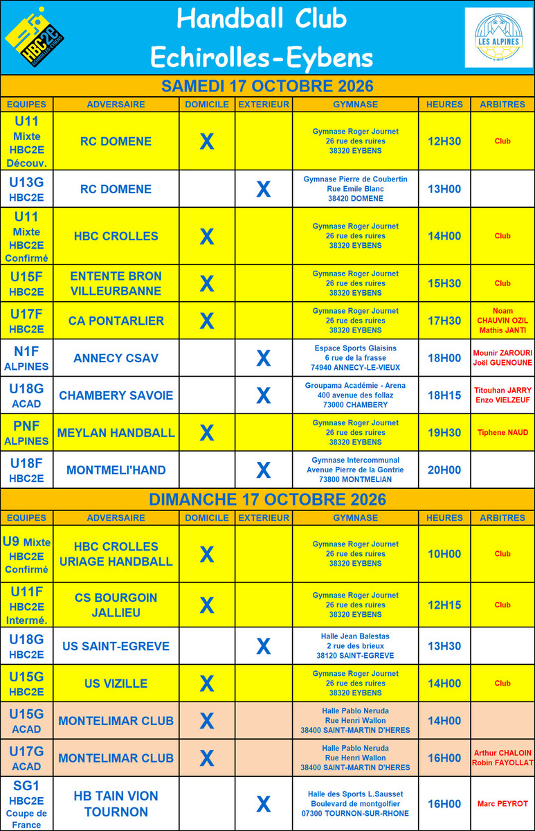 Planning des matches pour les 17 et 18 octobre 2026