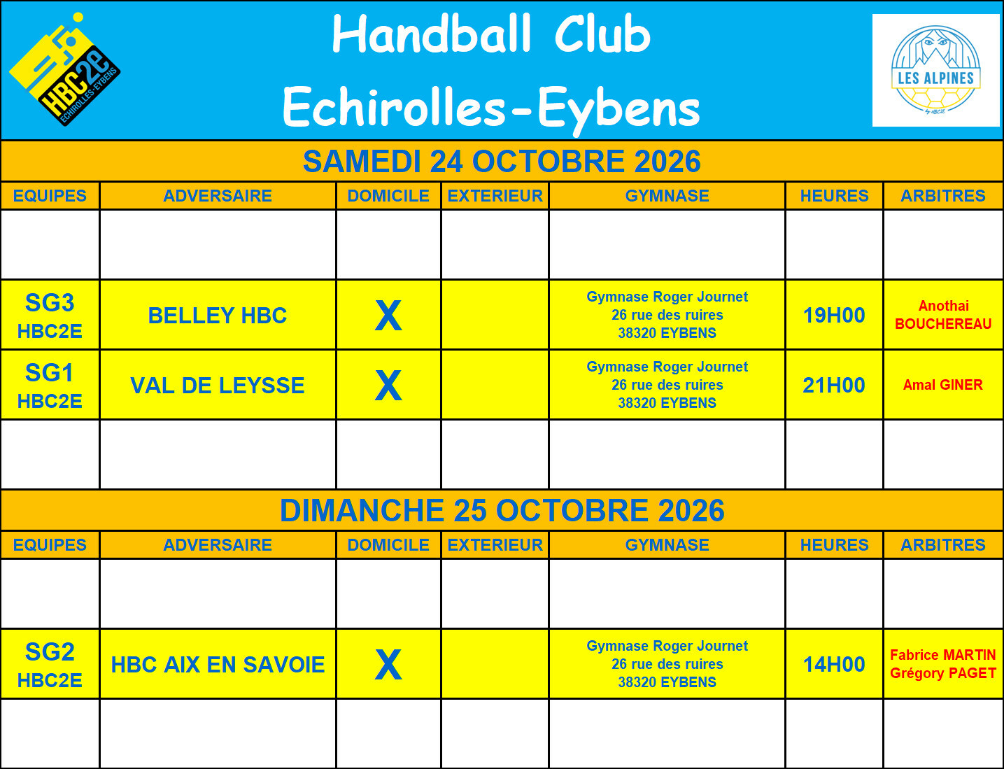 Planning des matches pour les 24 et 25 octobre 2026