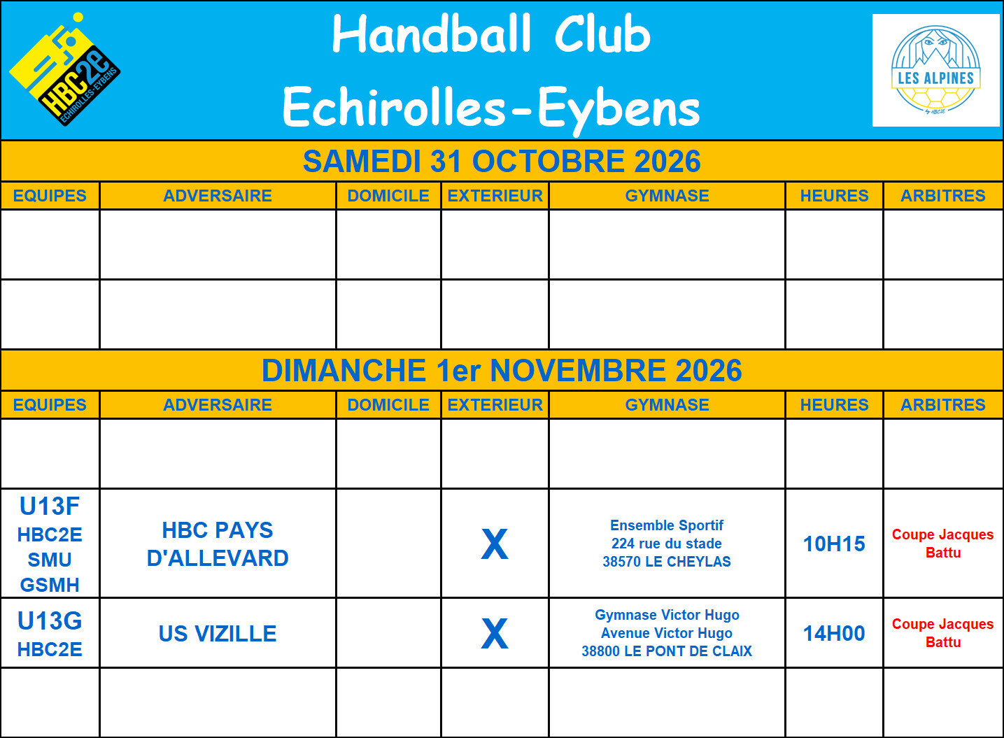 Planning des matches pour les 31 octobre et 1er novembre 2026
