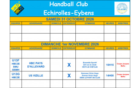 Planning des matches pour les 31 octobre et 1er novembre 2026