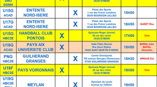 Planning des rencontres pour les 23 et 24 novembre